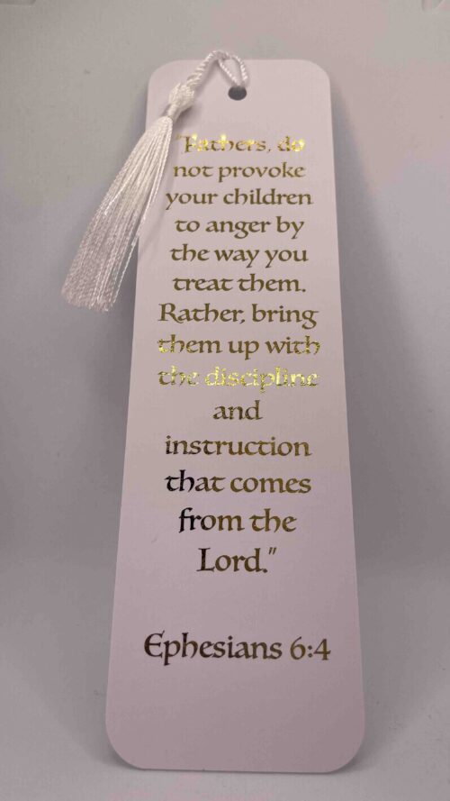 Card bookmark with gold foil text of Ephesians 6:4