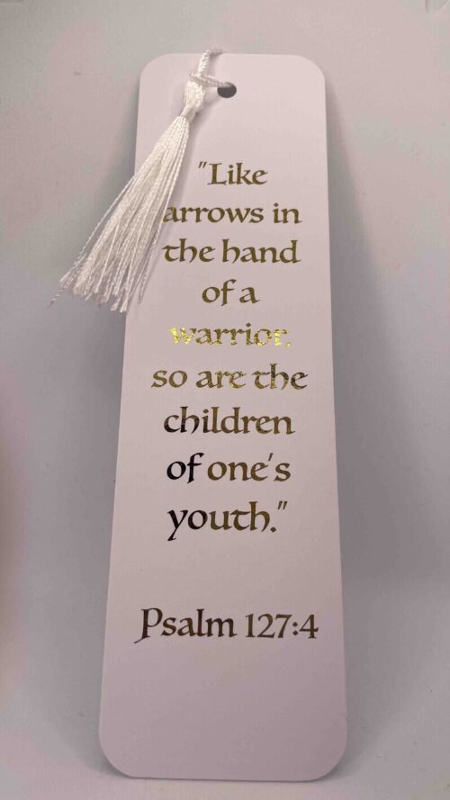 Card bookmark with gold foil text of Psalm 127:4